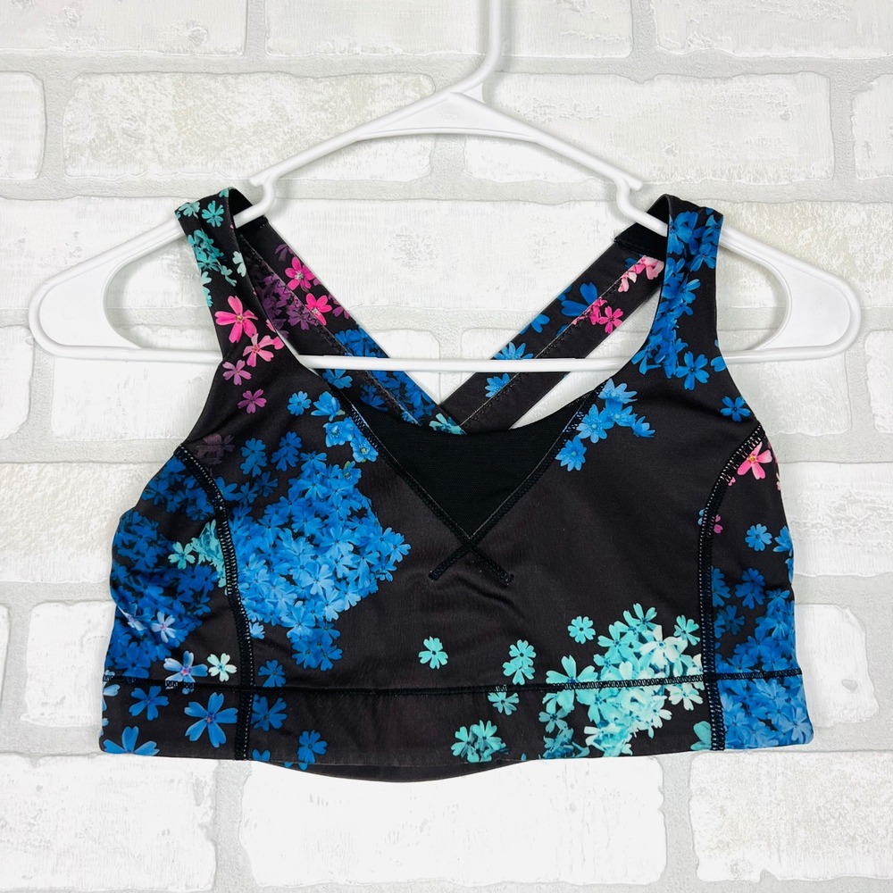 Lululemon Womens Floral Cross Brown Black Sports Bra Blue Pink Size 6
